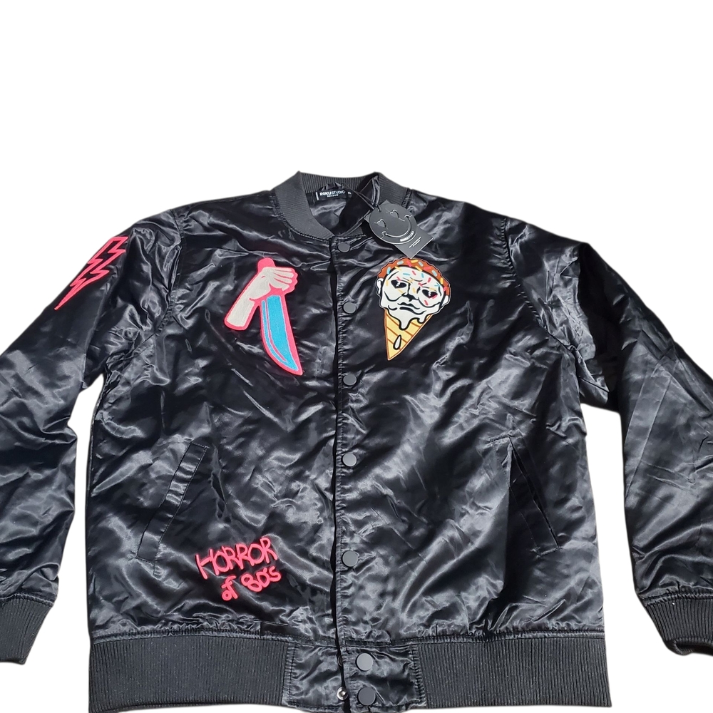 Black Bomber Jacket with Graphic Patches
